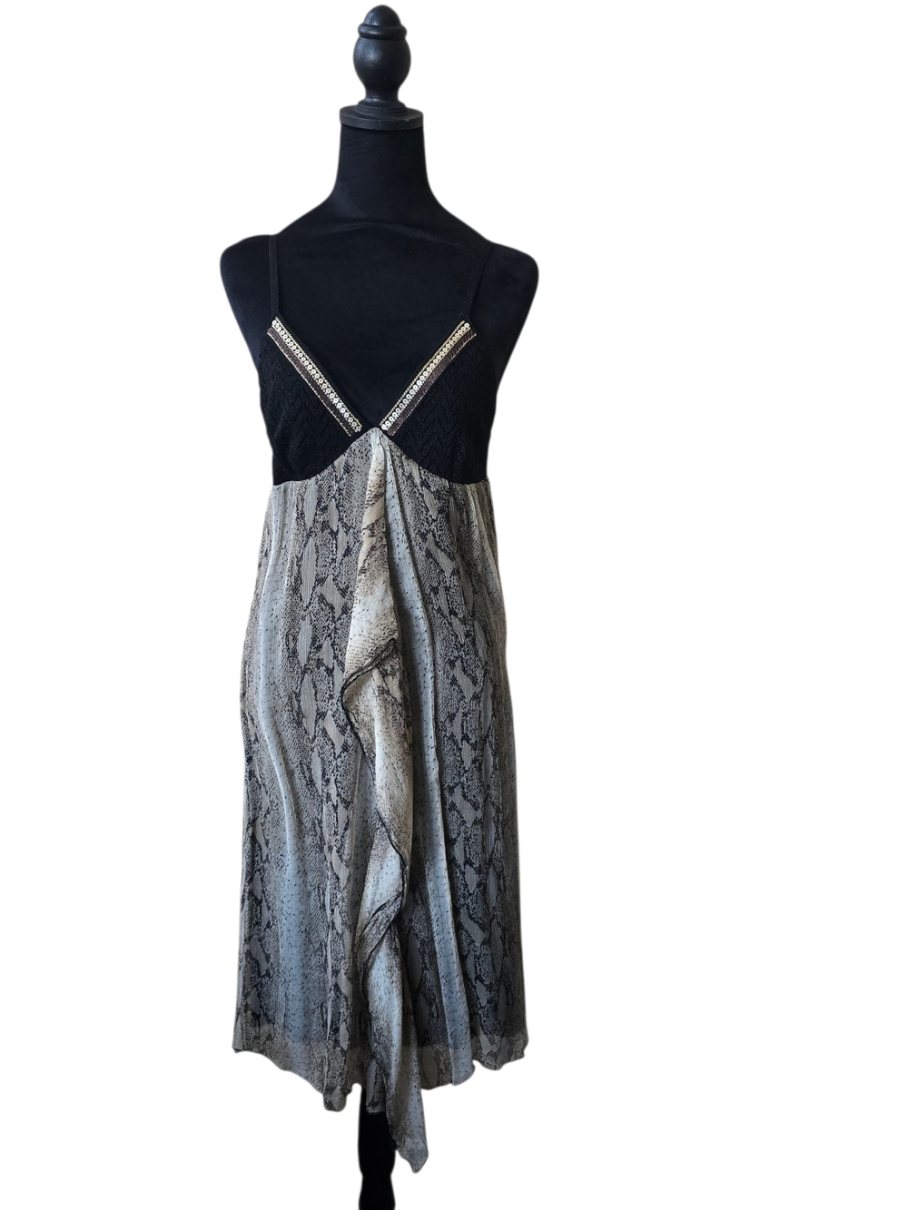 Embellished V-Neck Snake-Print Midi Dress in Black and Cream
